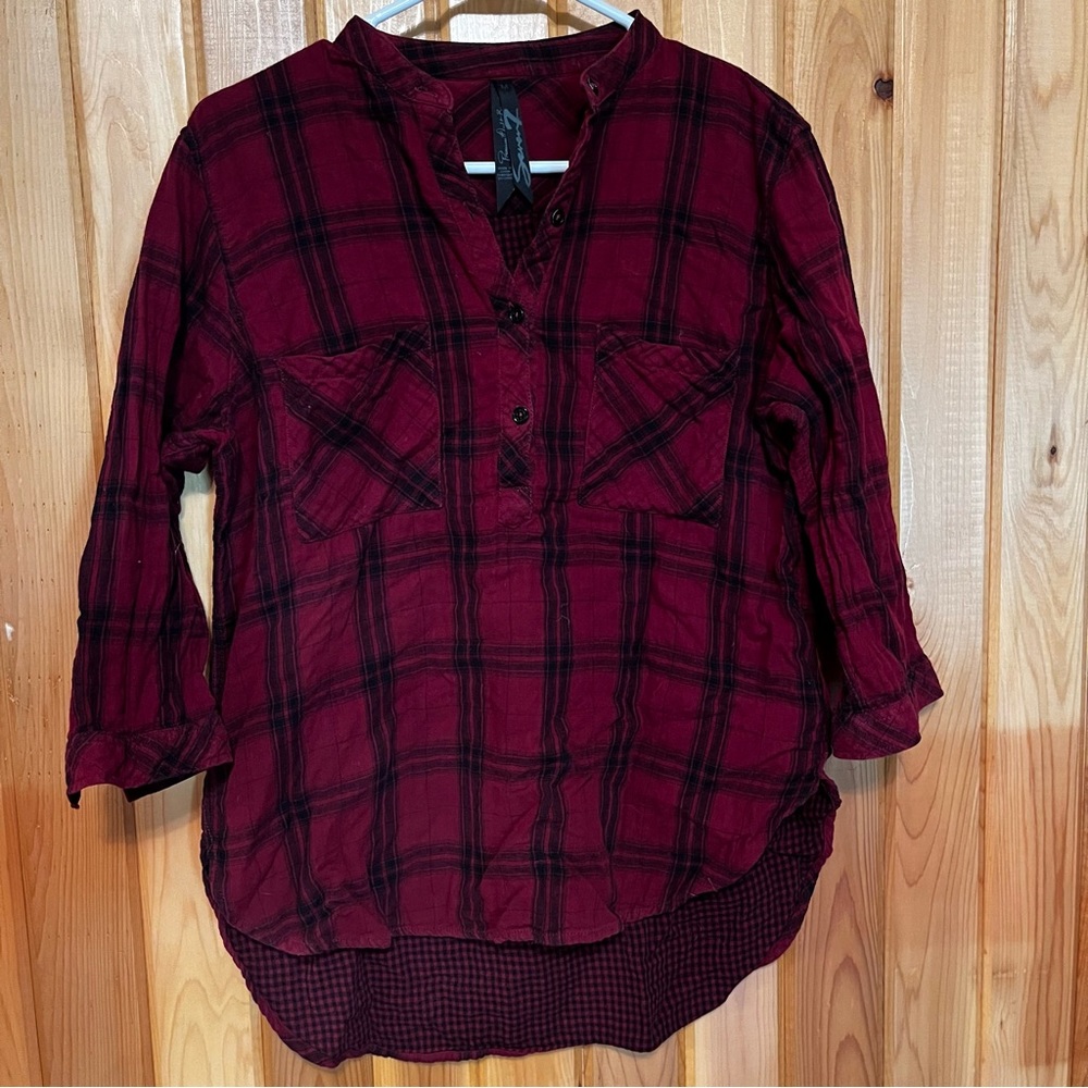 Seven7 Plaid Hi/Low 3/4 Length Sleeve Blouse M